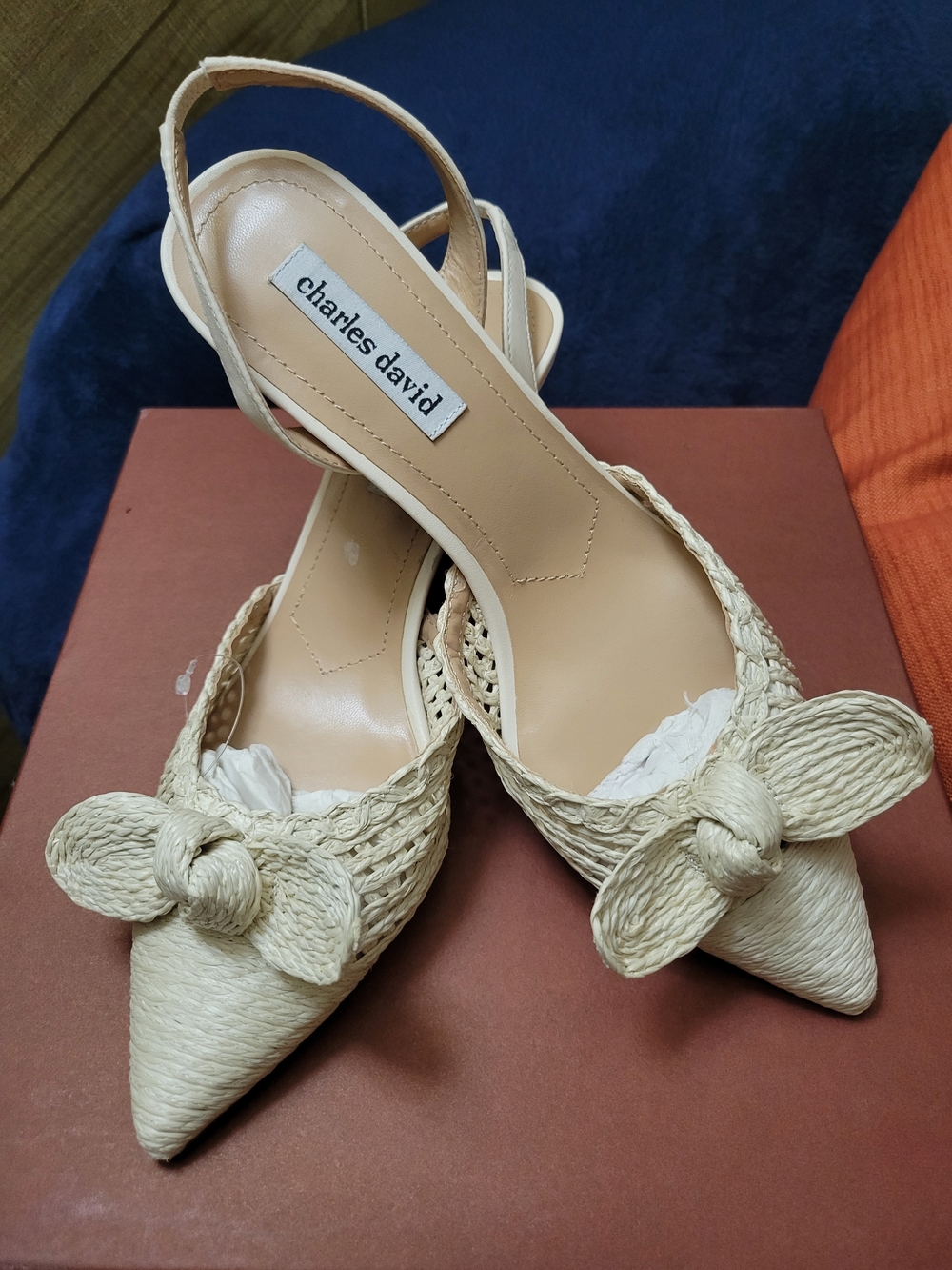 Charles David Allyson Woven Raffia Bow Slingback Heels